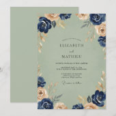 Invitation Mariage Navy Champagne Ranunculus Eucalyptus (Devant / Derrière)