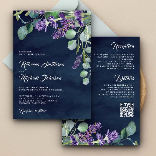 Invitation Mariage Navy Code QR Eucalyptus Lavande Rustique