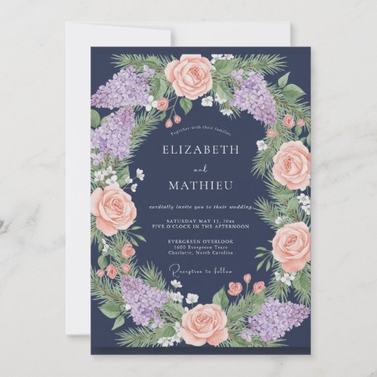 Invitation Mariage Navy Corail Lilas Eucalyptus (Devant)