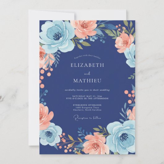 Invitation Mariage Navy Coral Bloom (Devant)