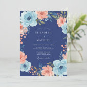 Invitation Mariage Navy Coral Bloom (Debout devant)