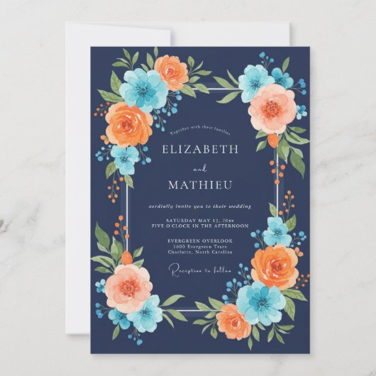 Invitation Mariage Navy Coral Peony (Devant)