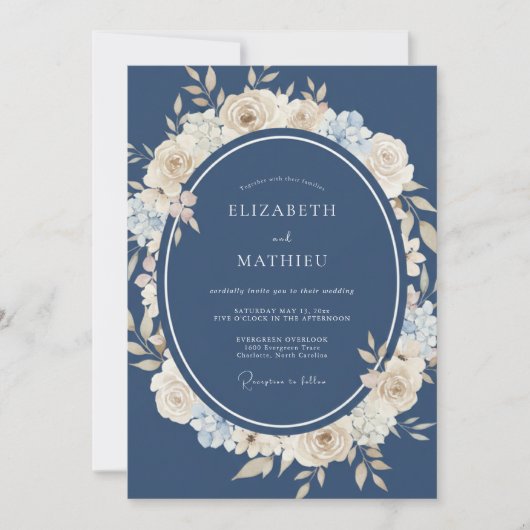 Invitation Mariage Navy Cream Blossom Flourish (Devant)