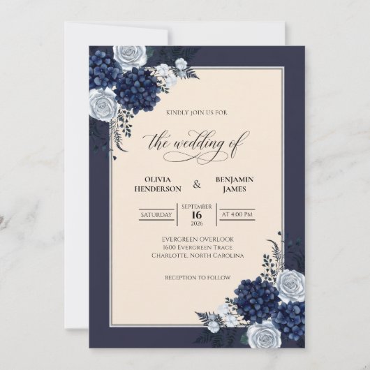 Invitation Mariage Navy Cream Hydrangea Eucalyptus (Devant)