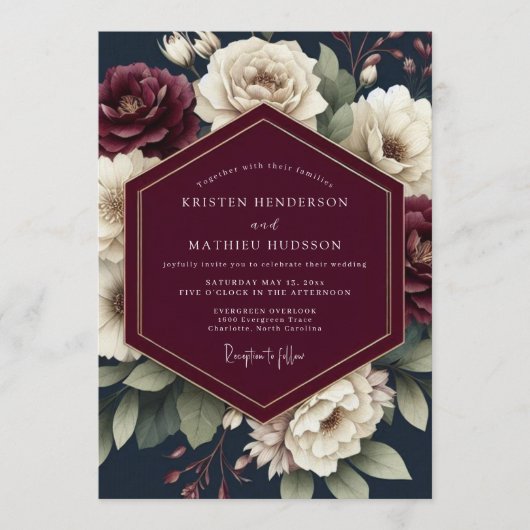 Invitation Mariage Navy & Crimson Moody Bloom (Devant)