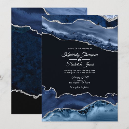 Invitation Mariage Navy et Agate Argentée (Devant / Derrière)
