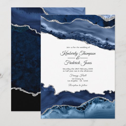 Invitation Mariage Navy et Agate Argentée (Devant / Derrière)