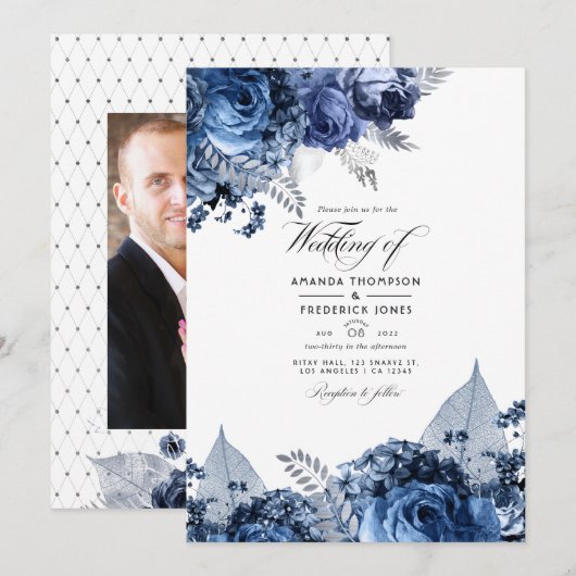 Invitation Mariage Navy et Blanc avec Feuille d'Argent (Devant / Derrière)