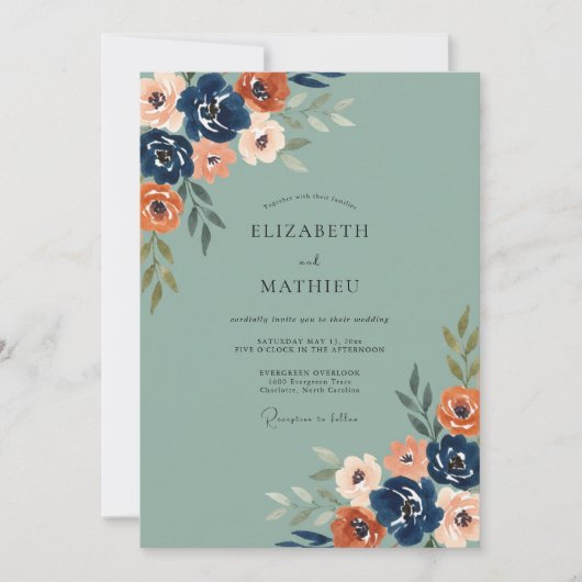 Invitation Mariage Navy Feuille Brûlée Orange (Devant)