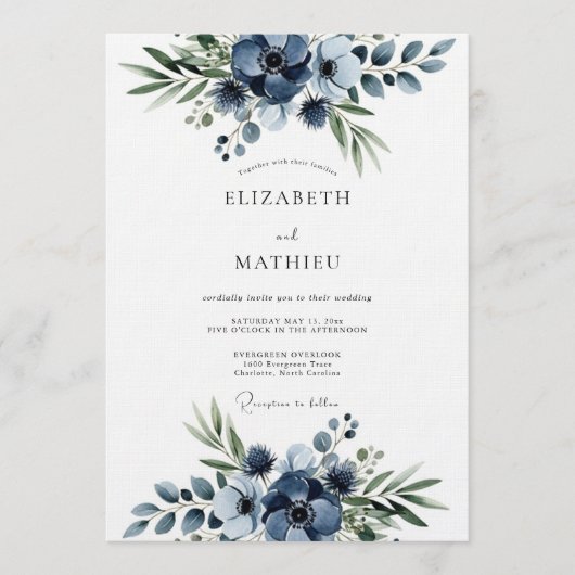 Invitation Mariage Navy Floral Flourish (Devant)