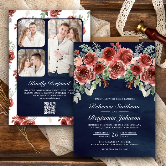 Invitation Mariage Navy Floral Marsala Rustique Code QR Photo