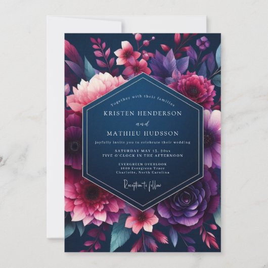 Invitation Mariage Navy & Fuchsia Vibrant Bloom (Devant)