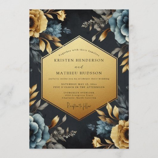 Invitation Mariage Navy Gold Baroque Bloom (Devant)