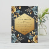 Invitation Mariage Navy Gold Baroque Bloom (Debout devant)