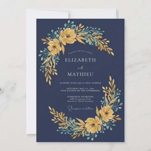 Invitation Mariage Navy Gold Blossom (Devant)