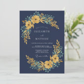 Invitation Mariage Navy Gold Blossom (Debout devant)