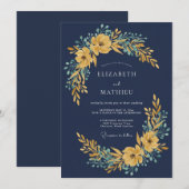 Invitation Mariage Navy Gold Blossom (Devant / Derrière)