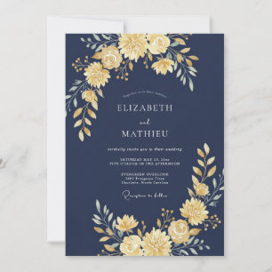 Invitation Mariage Navy Golden Floral Flourish