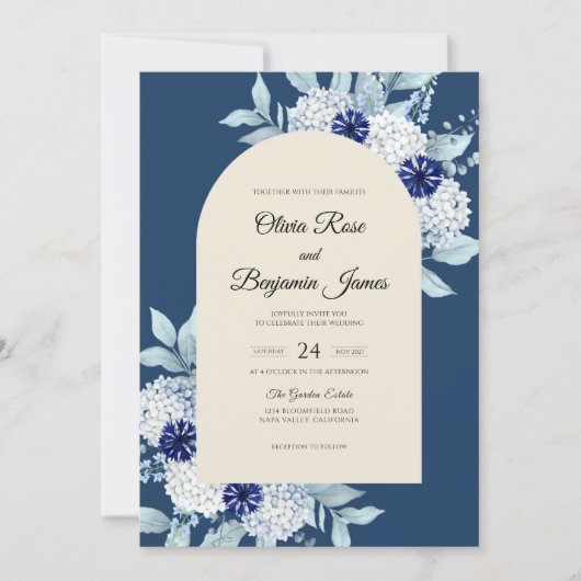 Invitation Mariage Navy Hydrangea Eucalyptus Muted (Devant)