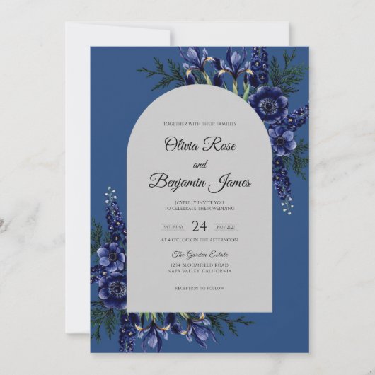 Invitation Mariage Navy Iris Feuillage Eucalyptus (Devant)