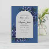 Invitation Mariage Navy Iris Feuillage Eucalyptus (Debout devant)