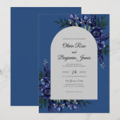 Invitation Mariage Navy Iris Feuillage Eucalyptus (Devant / Derrière)