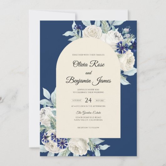 Invitation Mariage Navy Ivory Bloom (Devant)