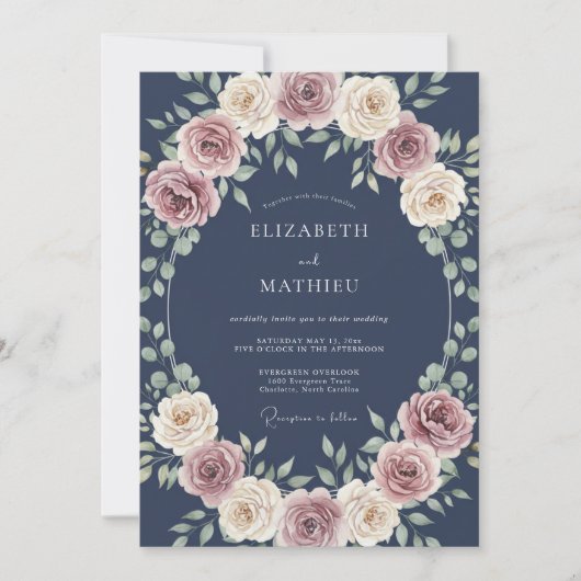 Invitation Mariage Navy Lush Rose (Devant)