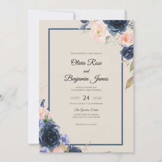 Invitation Mariage Navy Peach Bloom (Devant)