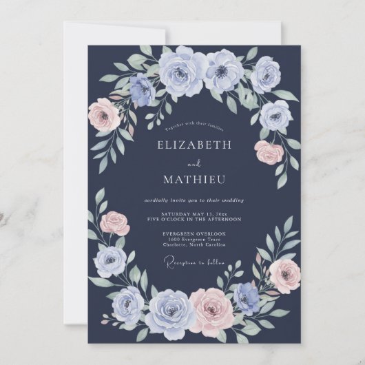 Invitation Mariage Navy Pervenche Ranunculus Eucalyptus (Devant)