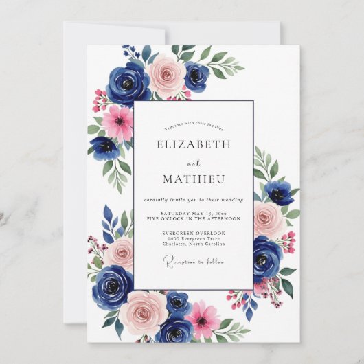 Invitation Mariage Navy Pink Bloom (Devant)