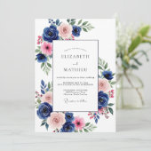 Invitation Mariage Navy Pink Bloom (Debout devant)