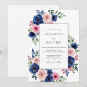 Invitation Mariage Navy Pink Bloom (Devant / Derrière)