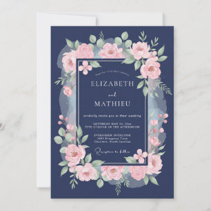 Invitation Mariage Navy Pink Blossom