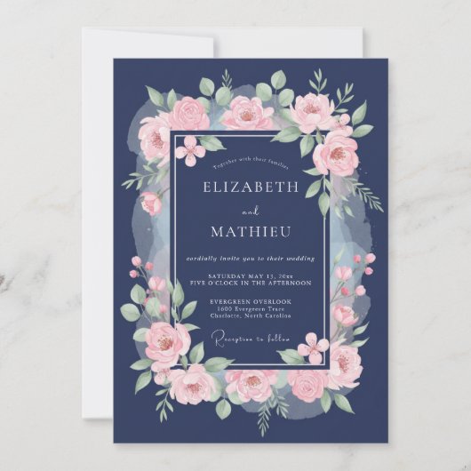 Invitation Mariage Navy Pink Blossom (Devant)