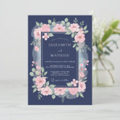Invitation Mariage Navy Pink Blossom (Debout devant)