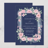 Invitation Mariage Navy Pink Blossom (Devant / Derrière)
