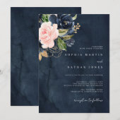 Invitation Mariage Navy Pink Elegant Aquarelle Florals (Devant / Derrière)