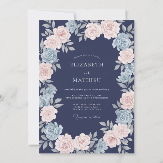 Invitation Mariage Navy Rose Éthéré (Devant)