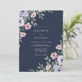Invitation Mariage Navy Rose Poussiéreuse Feuillue (Debout devant)