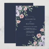 Invitation Mariage Navy Rose Poussiéreuse Feuillue (Devant / Derrière)