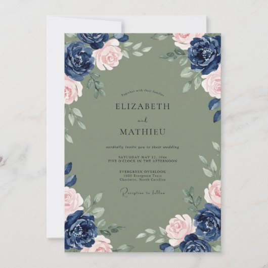 Invitation Mariage Navy Sage Vine (Devant)