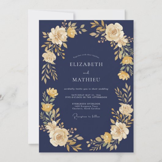 Invitation Mariage Navy Yellow Blossom Flourish (Devant)