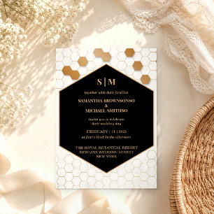 Invitation Mariage Nid d'Abeille Or Noir Blanc