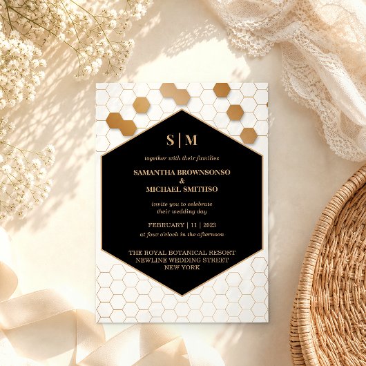 Invitation Mariage Nid d'Abeille Or Noir Blanc