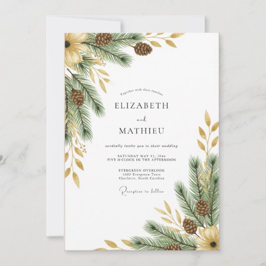 Invitation Mariage Noble Bois de Pin Vert (Devant)