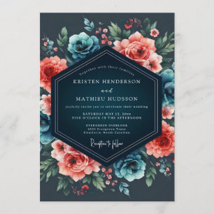 Invitation Mariage Nocturne de Fleurs de Corail et de Teal