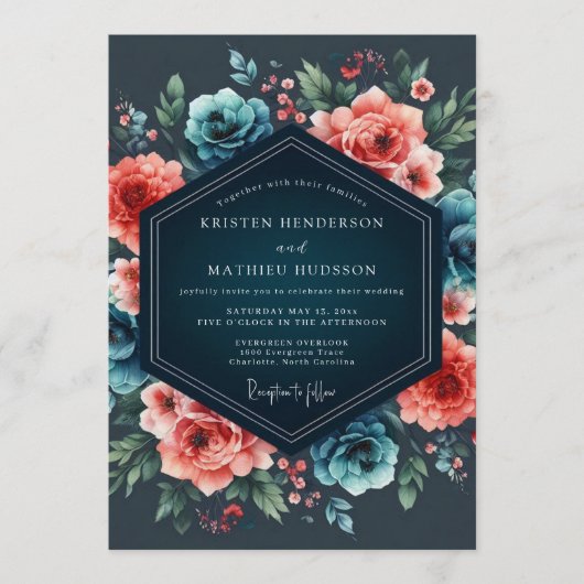 Invitation Mariage Nocturne de Fleurs de Corail et de Teal (Devant)