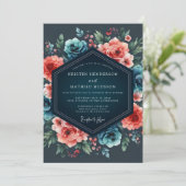 Invitation Mariage Nocturne de Fleurs de Corail et de Teal (Debout devant)