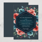 Invitation Mariage Nocturne de Fleurs de Corail et de Teal (Devant / Derrière)